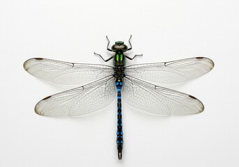 A dragonfly with transparent wings and a blue and green body on a plain white background studio shot