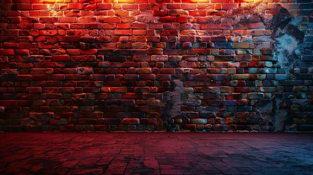 Fototapeta Neon lights on old grunge brick wall room background..Empty space of Red brown vintage grunge brick wall texture background.