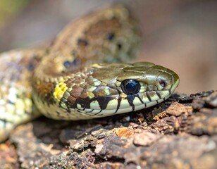 Obraz premium Close-up of a snake's head on wood. Detailed texture and colors.