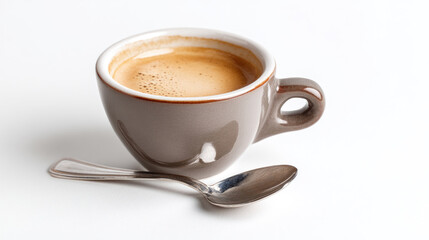 Fototapeta premium A rich, dark espresso in a grey, stylish cup. A small silver spoon rests beside it