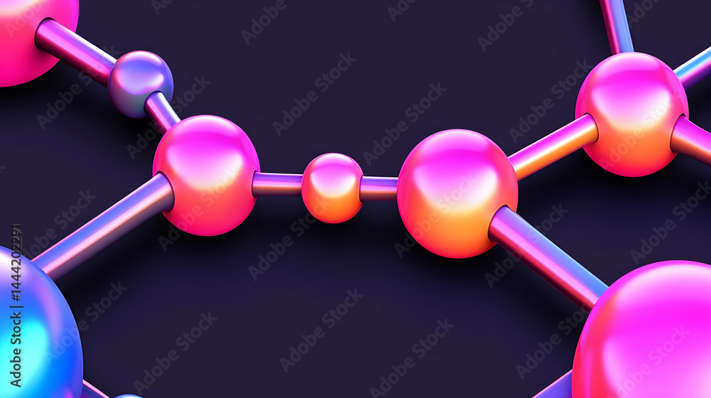 Poster abstract 3d rendering of a vibrant molecular structure. shiny spheres and metallic bonds create a fu