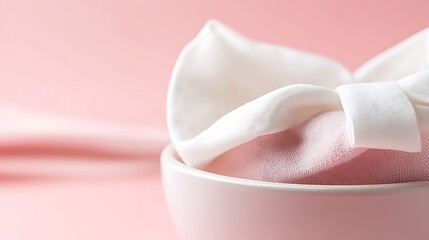 Elegant pastel pink aesthetic featuring a delicate bowl with soft fabrics
