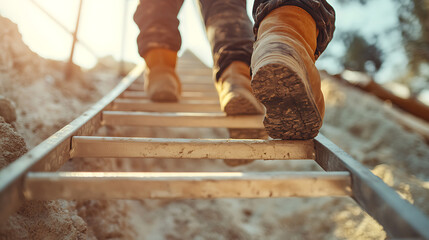 Construction Worker Ascending a Ladder