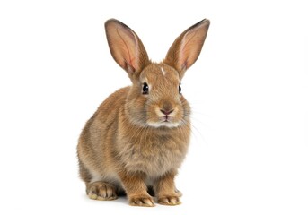 Fototapeta premium A light brown bunny with long ears sitting upright on a white background looking at the viewer