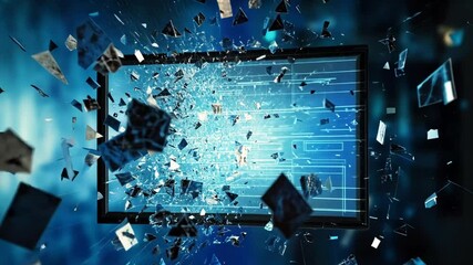 Exploding Screen with Fragments in Abstract High Tech Digital World - Powered by Adobe