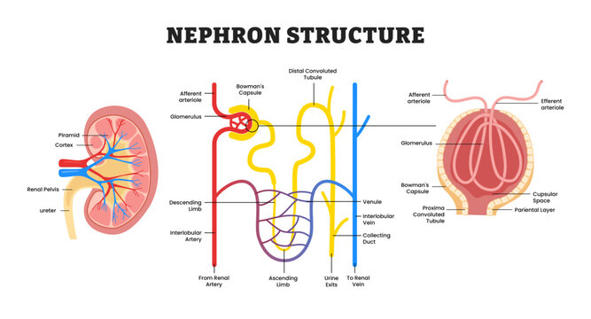 Nephron Structure on Kidney anatomy, educational medical poster design healthcare Core Filtration Unit of the Kidney Showing Glomerulus, Tubules, and Blood Vessels in Urine Formation and Electrolyte.