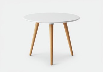 A minimalist white round table with wooden legs isolated on a plain white background in studio light
