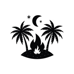 Campfire Under Palm Trees Silhouette Scene