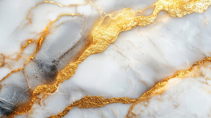 Elegant white marble with gold veins. Detailed close-up view of the stone's texture, showcasing flowing gold streaks within a pristine white background