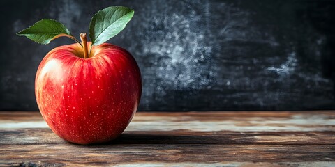 A single, ripe red apple with green leaves sits on a rustic wooden table against a dark background.  The image evokes a feeling of simplicity and freshness.