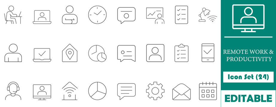 24 icons designed for remote work and productivity, featuring tools, communication, time management, and team collaboration. Perfect for digital workspaces, business, and technology applications.