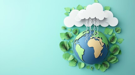 Environmental Awareness concept Illustration of Earth surrounded by clouds and foliage, symbolizing nature and sustainability.
