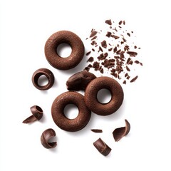 Dark chocolate donuts and shavings isolated on white background
