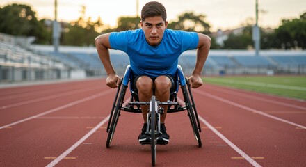 Young male athlete with determination prepares to race in a specialized wheelchair on a red track at a stadium during golden hour.