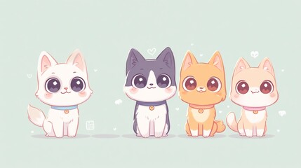 Fototapeta premium Whimsical illustration featuring four adorable cartoon kittens with distinct coat colors