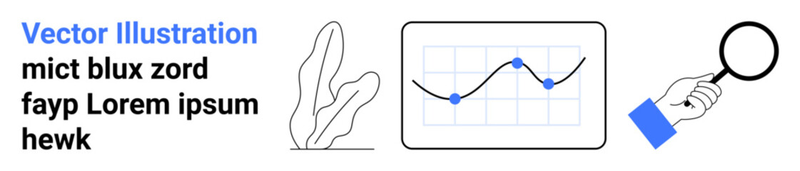 Line graph with highlighted points, hand holding magnifying glass, abstract plant. Ideal for business, analytics, trends, progress, research, growth concepts and simple landing page