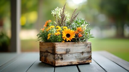 Rustic wooden planter filled with vibrant fall flowers (1)