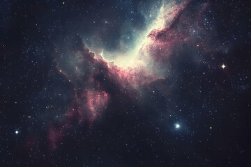 Fototapeta premium Stunning cosmic nebula, vibrant colors, interstellar dust clouds, glittering stars, deep space background. Ideal for astronomy, space exploration, science fiction themes.