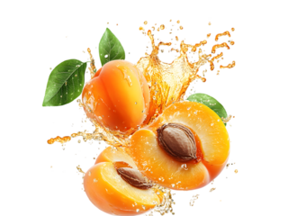 An apricot and a half of an apricot with a playful splash of juice around, suggesting a refreshing and juicy nature of the fruit.