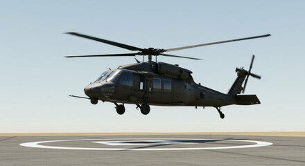 Helicopter hovering before landing on pad, daytime