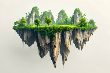 Enchanting floating island with lush vegetation, dramatic cliffs, and misty atmosphere; perfect for fantasy, environmental, or travel concepts.