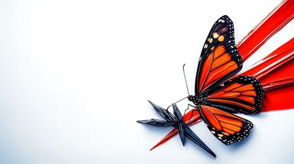 Vibrant butterfly perched on striking red elements against a clean white background