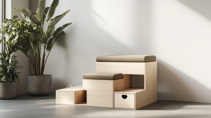 Light-wood modular pet step stool with cushioned seating and storage compartments in minimalist interior with potted plant against white wall