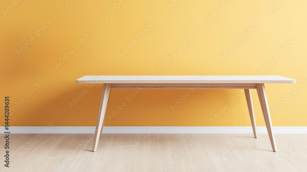 Aufkleber light wood rectangular table with tapered legs in front of a bright yellow wall in a minimalist styl