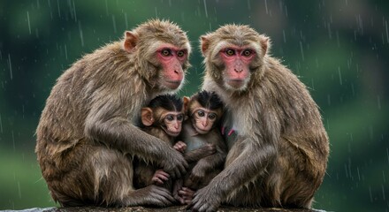 Fototapeta premium Monkey family together in the rain, protected