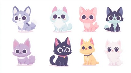 Fototapeta premium Collection of Adorable Cartoon Cats Featuring Soft Pastel Colors and Simplified Shapes