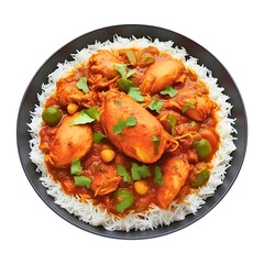 Chicken rice on plate, white background 