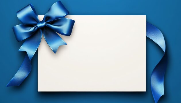 Blank gift greeting card ribbon below and blue bright and shiny ribbon bow on left side isolated on luxury blue background, top view and copy space template, layout useful for best wishes and shopping