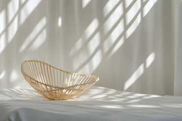 Obraz premium Woven basket on white fabric, sunlit room. Home decor