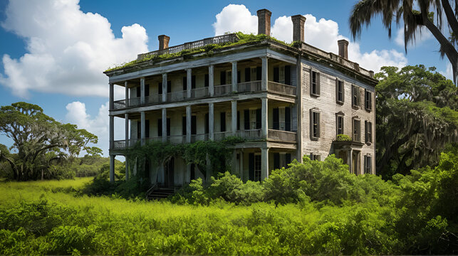 A crumbling, antebellum plantation house, its weathered walls bearing the scars of time, stands sentinel amidst a sea of overgrown wilderness.