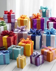 Fototapeta premium vibrant array of colorful gift boxes adorned with satin ribbons in shades of rainbow nestled on pristine white backdrop exuding an air of festive cheer