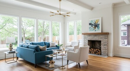 Fototapeta premium Bright living room with blue sofa and fireplace under modern chandelier and natural light windows