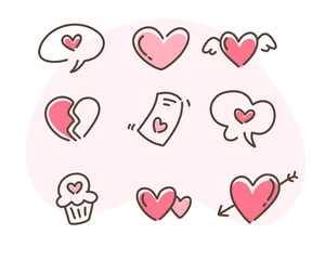 Pink and Red Doodle Heart Icons with Chat Bubbles, Cupcake, and Romantic Themes
