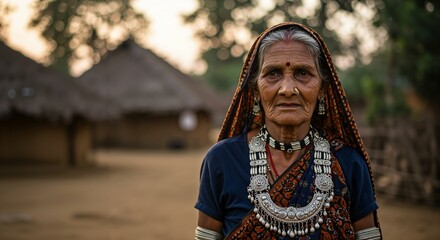 Portrait of an elderly Indian tribal woman adorned with traditional silver jewelry and vibrant attire, standing in her village at sunset, showcasing cultural heritage and resilience.