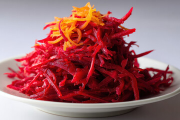 Fototapeta premium Vibrant Beetroot Delight: Captivating view of a delicious plate of freshly grated beetroot with orange carrot strands.