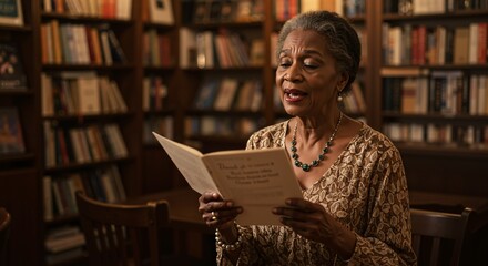 An older African American woman with gray hair reads aloud from a book in a library, surrounded by bookshelves filled with books.