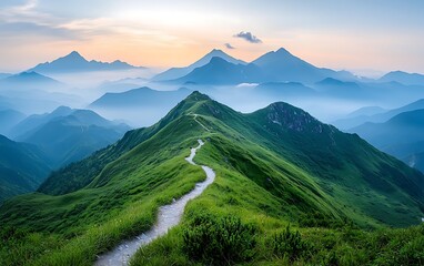 Fototapeta premium Serene mountain trail at sunrise. Lush green hills, winding path through peaks
