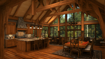 Fototapeta premium Luxurious timber-framed home interior, open plan kitchen, dining, living area