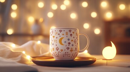Cozy mug on a tray with fairy lights