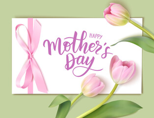Happy Mother's day calligraphic lettering greeting text with decorative gift card with pink bow, ribbon and tulip flower on green background. Vector stock illustration.