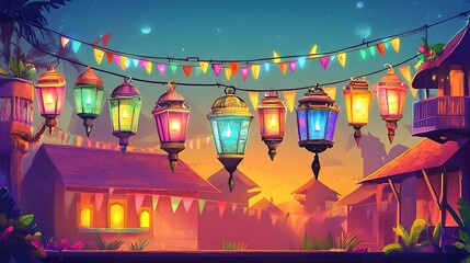 Colorful festive village lamps