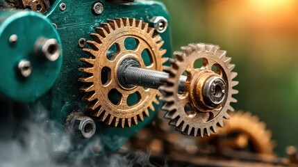 Intricate Gold and Teal Gears Close Up