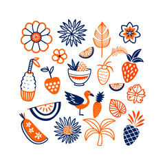 Tropical Fruit and Floral Doodles with Bird Illustration