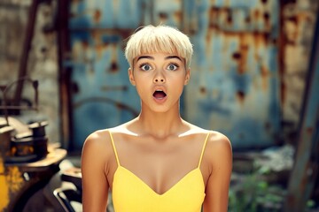 Naklejka premium Short trim - blond hair. Lovely very astonished mixed-race girl - for ads, magazine ad and social platforms use. Commercial digital ads concept depiction art. African american haircuts.