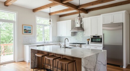 Fototapeta premium Bright kitchen with island seating, wooden beams, white cabinets and stainless steel appliances view to deck
