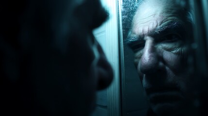 Elderly man gazes intensely at reflection